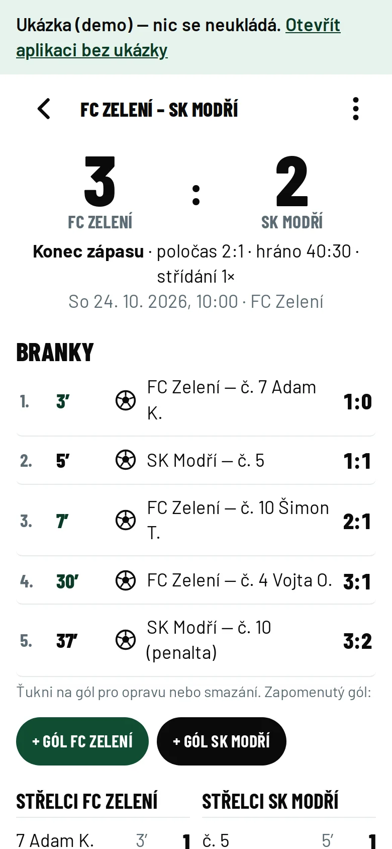 Zápis po zápase: FC Zelení 3:2 SK Modří, seznam branek, střelci