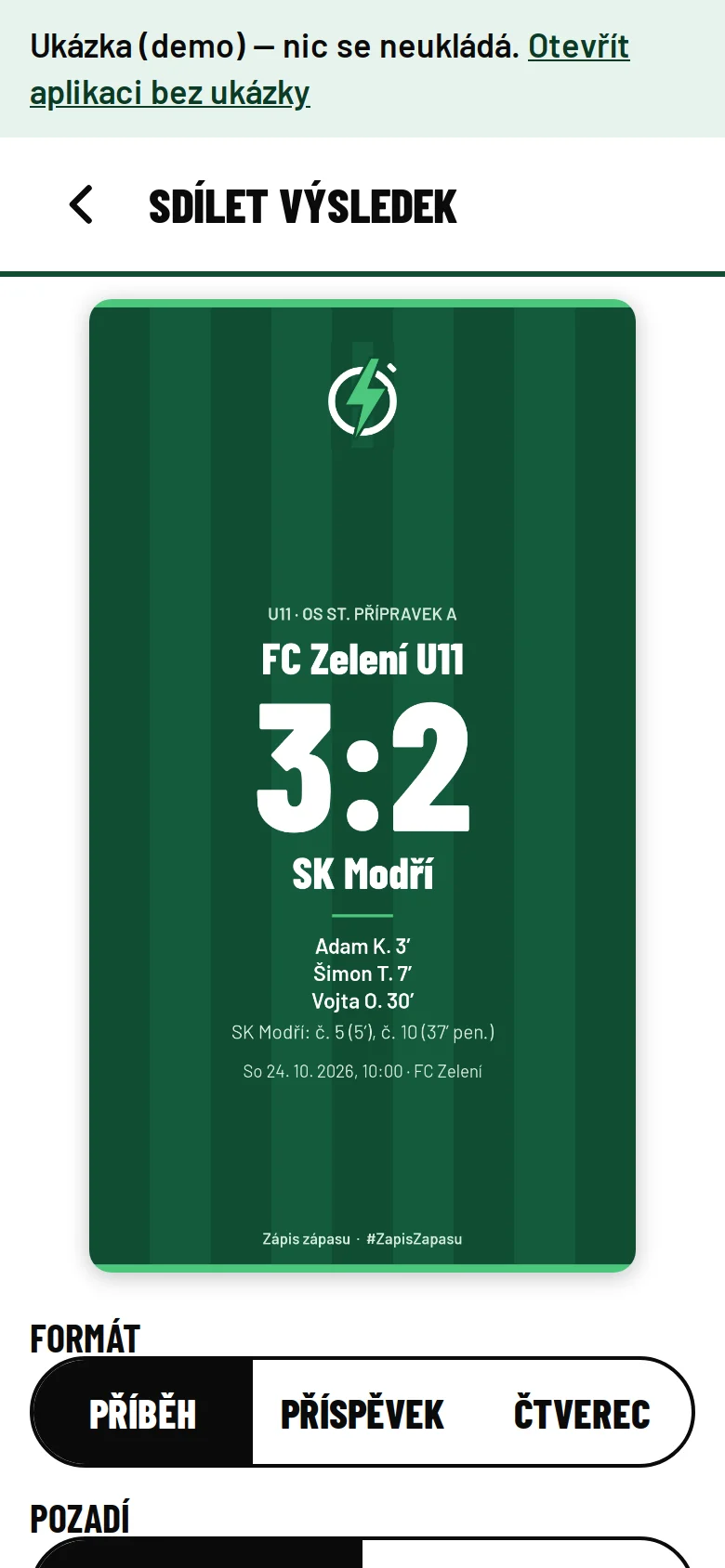 Sdílení výsledku: náhled obrázku, volba formátu